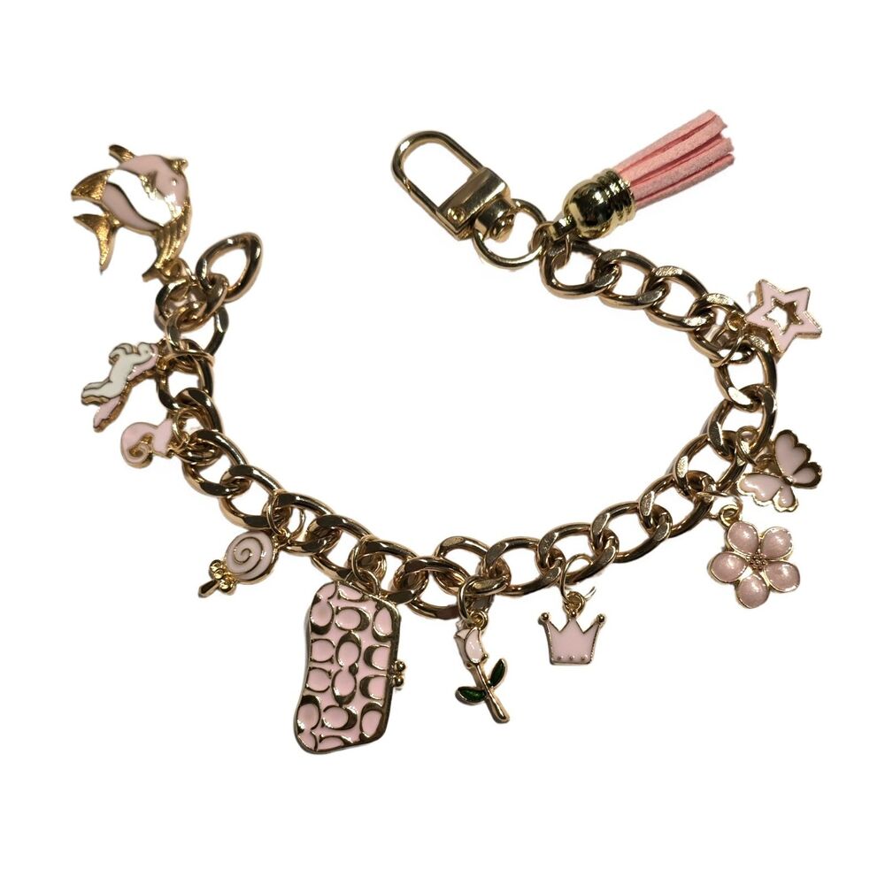 New Gold Tone Whimsical Pink Enamel Purse Chain Charm Extender Purse Coach charm